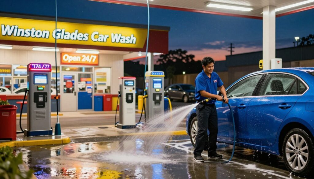 A bustling car wash named "Winston Glades Car Wash," open 24/7, situated in a vibrant urban setting. In the foreground, a shiny blue car being meticulously washed by a friendly employee wearing a neatly pressed uniform. The employee is using a water hose, creating dynamic splashes, and the car glistens under bright, warm lighting. In the middle ground, several vacuum stations, with bright neon lights illuminating the sign that reads "Open 24/7," enhancing the inviting atmosphere. The background features a starry night sky transitioning into dawn, hinting at ongoing activity. Soft reflections on the wet pavement create a lively, energetic mood, while the clean, organized layout signifies efficiency and accessibility. The overall scene should convey a sense of convenience and reliability, perfect for busy customers looking to save time on weekends. A bustling car wash named "Winston Glades Car Wash," open 24/7, situated in a vibrant urban setting. In the foreground, a shiny blue car being meticulously washed by a friendly employee wearing a neatly pressed uniform. The employee is using a water hose, creating dynamic splashes, and the car glistens under bright, warm lighting. In the middle ground, several vacuum stations, with bright neon lights illuminating the sign that reads "Open 24/7," enhancing the inviting atmosphere. The background features a starry night sky transitioning into dawn, hinting at ongoing activity. Soft reflections on the wet pavement create a lively, energetic mood, while the clean, organized layout signifies efficiency and accessibility. The overall scene should convey a sense of convenience and reliability, perfect for busy customers looking to save time on weekends.
