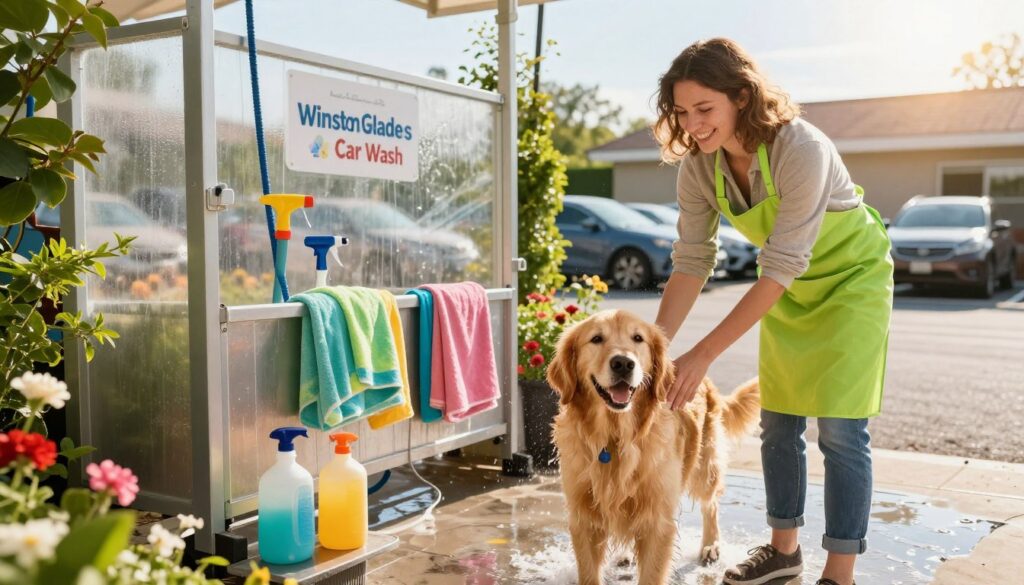 A cheerful outdoor scene depicting a dog wash area at Winston Glades Car Wash in Ipswich. In the foreground, a friendly golden retriever is being washed by a smiling individual dressed in casual attire, wearing a bright apron. The middle ground features a well-organized dog washing station with colorful sprayers, soap bottles, and towels, surrounded by greenery and flowers, creating a vibrant, welcoming atmosphere. In the background, the car wash area is visible, showcasing shiny cars being cleaned under a bright, sunny sky. The lighting is warm and inviting, highlighting the joyful interaction between the dog and the owner, with a sense of fun and satisfaction as they enjoy the dog wash experience. A cheerful outdoor scene depicting a dog wash area at Winston Glades Car Wash in Ipswich. In the foreground, a friendly golden retriever is being washed by a smiling individual dressed in casual attire, wearing a bright apron. The middle ground features a well-organized dog washing station with colorful sprayers, soap bottles, and towels, surrounded by greenery and flowers, creating a vibrant, welcoming atmosphere. In the background, the car wash area is visible, showcasing shiny cars being cleaned under a bright, sunny sky. The lighting is warm and inviting, highlighting the joyful interaction between the dog and the owner, with a sense of fun and satisfaction as they enjoy the dog wash experience.