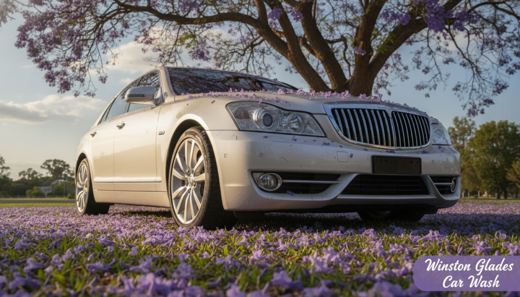 A pristine car with a glossy finish parked under a jacaranda tree, its vibrant purple blossoms gently falling onto its surface. In the foreground, the car is the focal point, showcasing minor scratches and discoloration caused by the fallen flowers, emphasizing the damage done. The middle ground includes clusters of jacaranda blooms scattered on the ground, alongside the lush green grass, creating a vivid contrast. The background features a partially cloudy sky with soft sunlight filtering through, casting a warm glow. The scene is captured from a low angle to highlight the car's elegant curves and the beauty of the flowers. The atmosphere is serene yet poignant, illustrating nature's beauty and its impact on vehicle maintenance. In the bottom corner, subtly include the brand "Winston Glades Car Wash" in a stylish font.