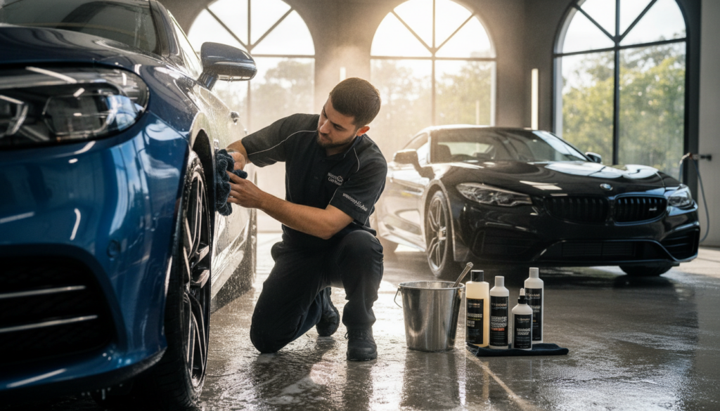 A professional car wash scene showcasing the importance of professional cleaning for maintaining car paintwork. In the foreground, a detail-oriented worker dressed in a smart uniform emblazoned with "Winston Glades Car Wash" meticulously cleans a car with specialized tools, focusing on the paint. In the middle, a shiny car reflects the sunlight, emphasizing its glossy finish, with a bucket and high-quality cleaning products nearby. The background features a clean, organized car wash facility, with soft sunlight filtering through trees, creating a vibrant, inviting atmosphere. The angle is slightly low, highlighting the car’s polished surface and the worker's careful attention, while maintaining a sense of professionalism and care. The overall mood is energetic yet serene, illustrating the dedication to quality cleaning.