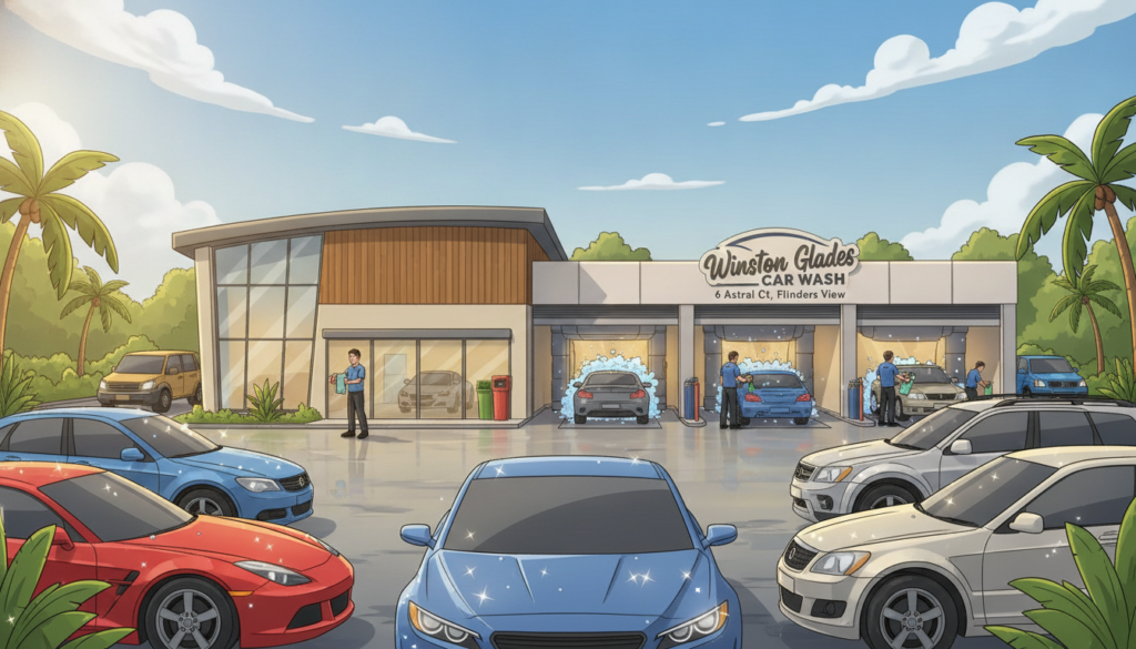 A spacious car wash facility named "Winston Glades Car Wash" located at 6 Astral Ct, Flinders View. In the foreground, freshly washed cars gleam under bright, natural sunlight, showcasing their clean surfaces with reflections. The middle ground features the car wash building, modern and inviting, with large windows letting in light, and staff in professional attire attentively servicing vehicles. The background highlights a clear blue sky and lush greenery lining the premises, contributing to a welcoming atmosphere. The scene captures the busy yet organized environment of the car wash, emphasizing reliability and care. Use a wide-angle lens to create a sense of openness, enhanced by soft, warm lighting to evoke a sense of optimism and professionalism.